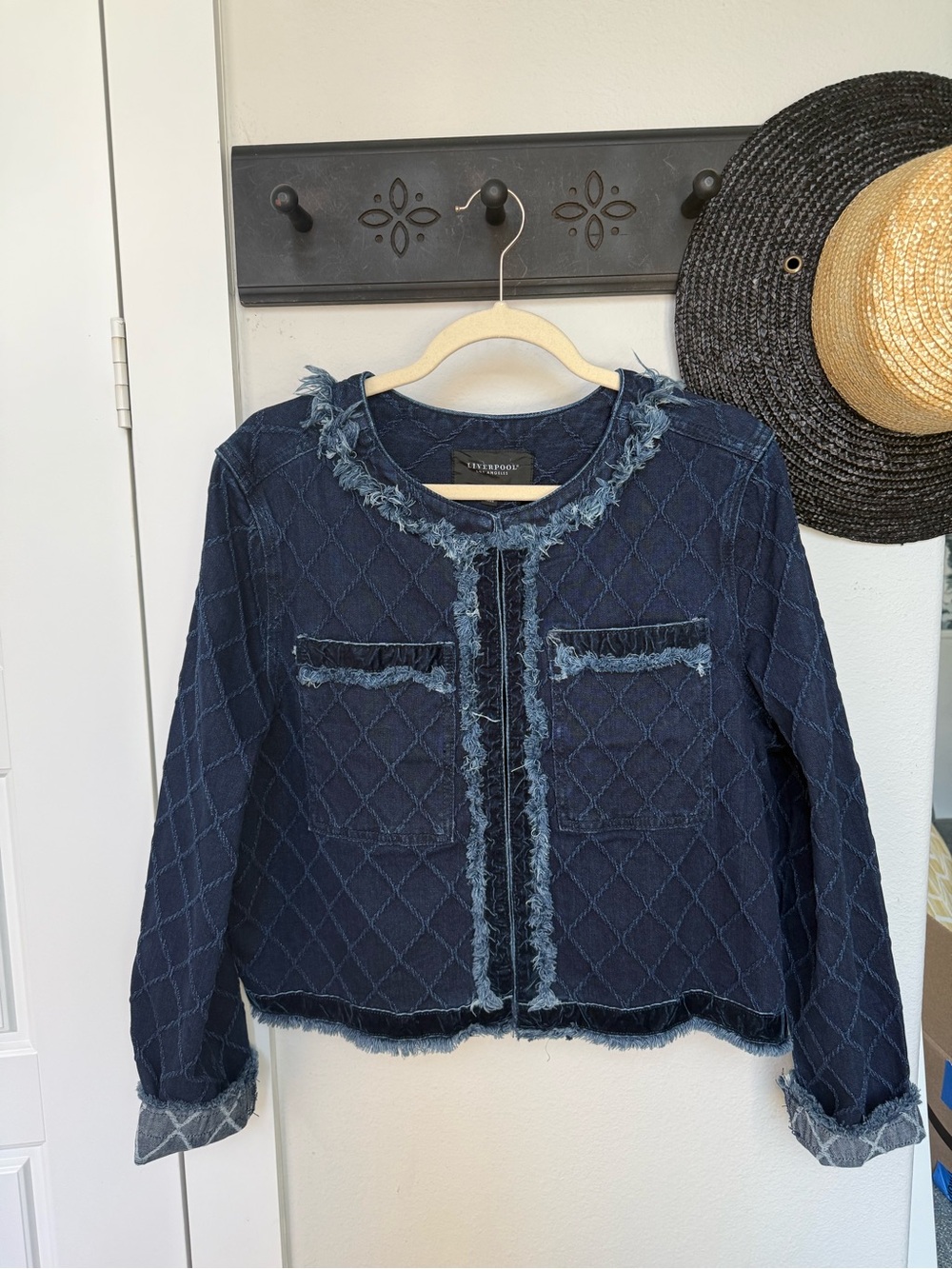 Liverpool Quilted Navy Denim Jacket with Frayed Trim